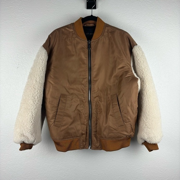 Maje x Schott Boston Shearling Bomber Jacket in Caramel Tan Cream Casual Winter - Picture 3 of 9